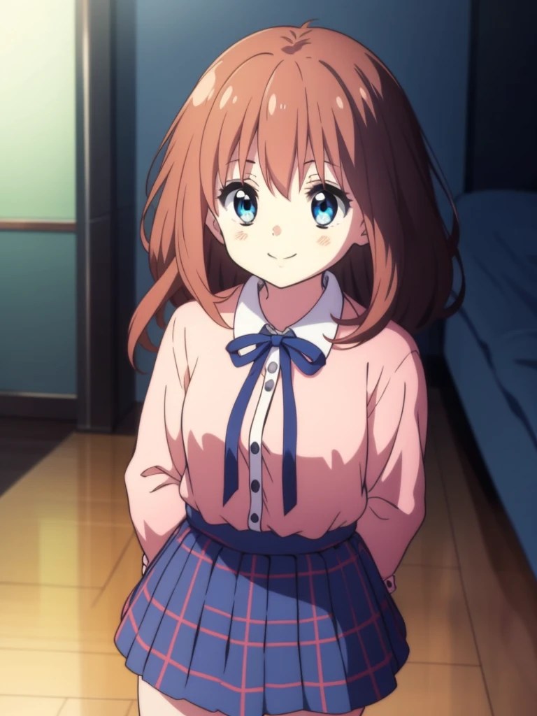 Ai shindou, 1girl, solo, long hair, floating hair, blue skirt, blue uniform, brown hair,  long sleeves, blue sea eyes, plaid, zombie, smile, plaid skirt, ribbon, cowboy Shot,
Darkness in the room, fire behind and near, blue fire color
masterpiece, high quality, very_high_resolution, large_filesize, full color,