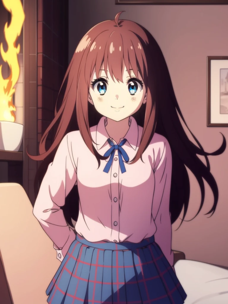 Ai shindou, 1girl, solo, long hair, floating hair, blue skirt, blue uniform, brown hair,  long sleeves, blue sea eyes, plaid, zombie, smile, plaid skirt, ribbon, cowboy Shot,
Darkness in the room, fire behind and near, blue fire color
masterpiece, high quality, very_high_resolution, large_filesize, full color,