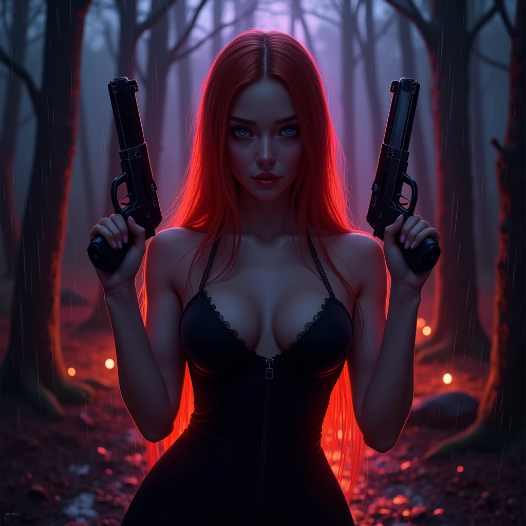 The Killer Girl, with deer antlers, pistols in hand, red hair, Black Dress, Background fire, Abstract background