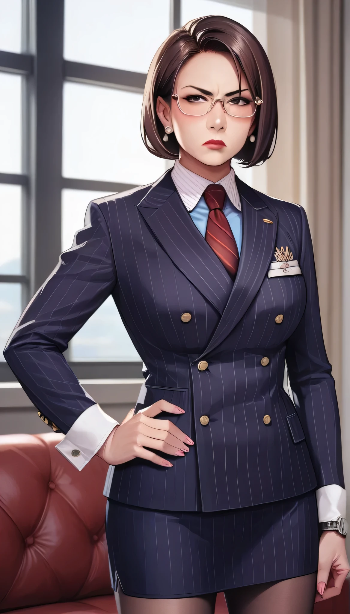 score_9, score_8_up, score_7_up, score_6_up, source_anime, double-breasted suits, 1girl, solo, brown hair,bob cut, asian woman, mature female, milf, glasses, serious, medium breasts, pretty, formal, jewelry, navy pinstripe suit, red silk necktie, earrings, jacket, shirt, standing, hand on hip, window, black eyes, watch, navy pinstripe jacket, wristwatch, light blue shirt with white collar, red lips, navy pinstripe skirt, makeup, pantyhose, cufflinks, black lapel trim, brown eyes, pink nails,High Resolution, Blush, white cuffs