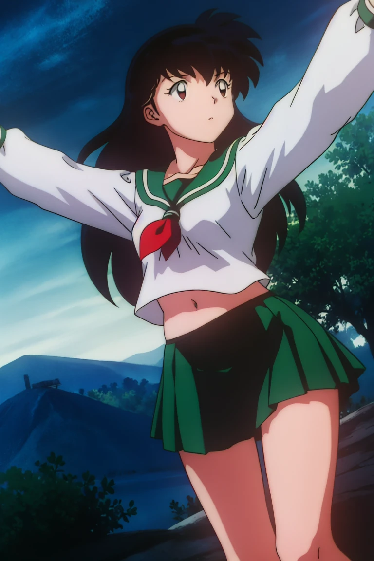 1girl, solo, outdoors, long hair, brown eyes, school uniform,(Masterpiece: 1.6, Best Quality), (Fine Beautiful Eyes: 1.2), (best quality, masterpiece, higher), green school uniform, soft thighs , long sleeves, white socks, scenery , Best Quality, ((anime)) ((Colored)) HD, Kagome Higurashi ,school uniforms, Standing, Green skirt, Red scarf, long hair, Black hair between the eyes, Thighs are soft, school background , black hair, skirt ,standing, green skirt, serafuku, belly button, stretching, both arms up
