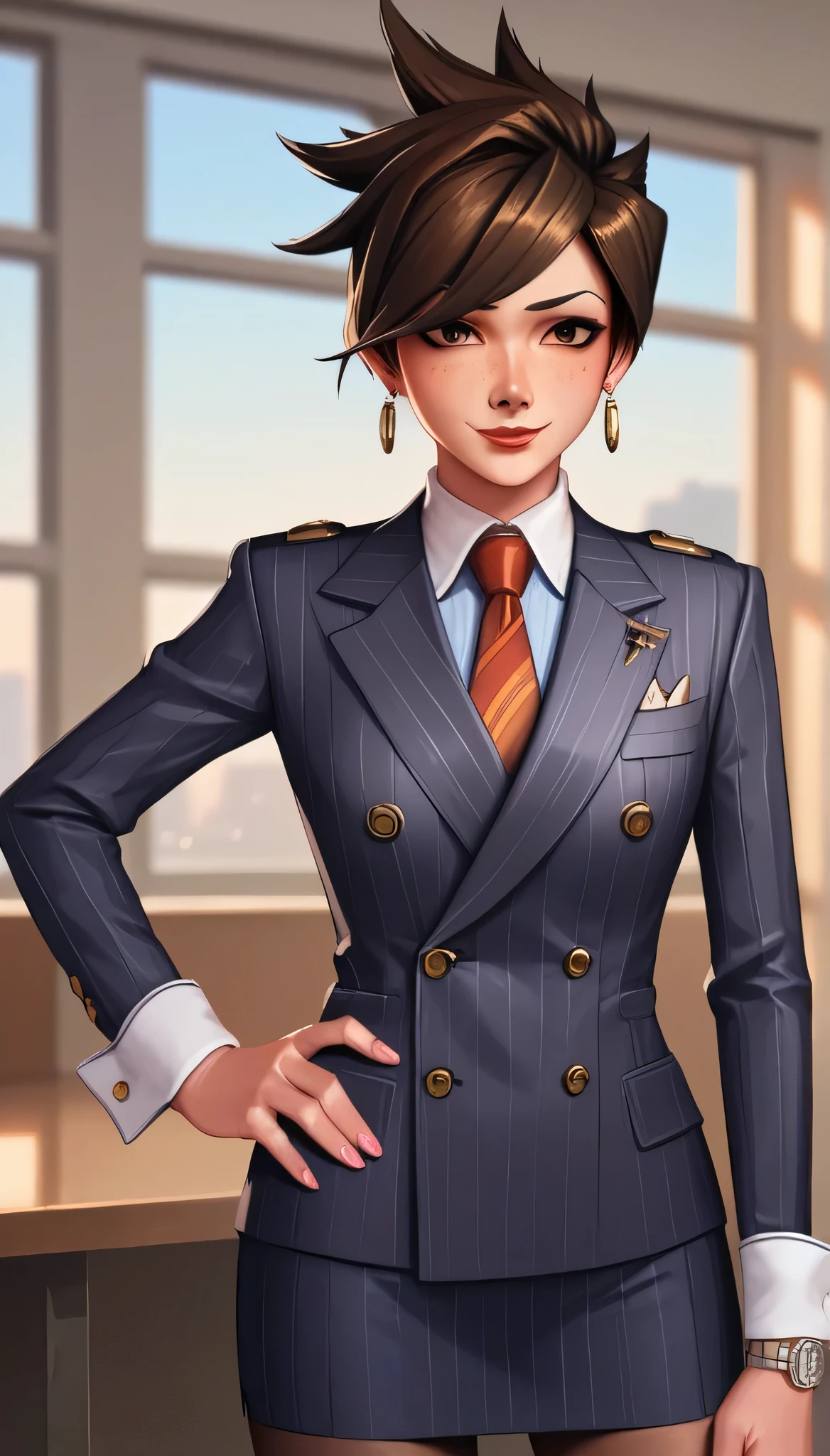 score_9, score_8_up, score_7_up, score_6_up, source_anime, double-breasted suits, TracerOv2, 1girl, solo, brown hair, short hair, freckles, smile, pretty, formal, jewelry, navy pinstripe suit, red silk necktie, earrings, jacket, shirt, standing, hand on hip, window, black eyes, watch, navy pinstripe jacket, wristwatch, light blue shirt with white collar, red lips, navy pinstripe skirt, makeup, pantyhose, cufflinks, black lapel trim, brown eyes, pink nails,High Resolution, Blush, white cuffs