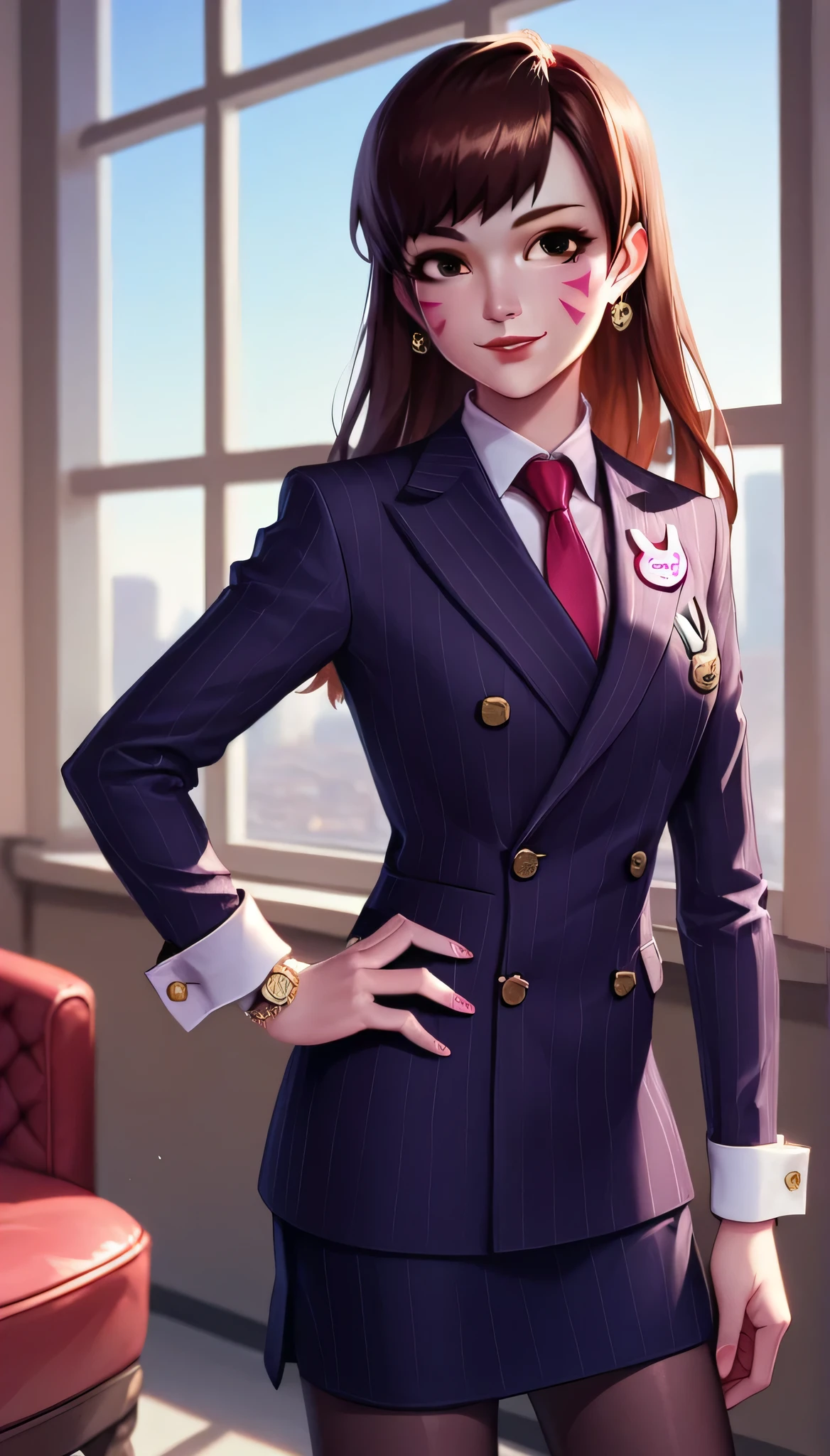 score_9, score_8_up, score_7_up, score_6_up, source_anime, double-breasted suits, d.va, 1girl, solo, brown hair, smile, pretty, formal, jewelry, navy pinstripe suit, red silk necktie, earrings, jacket, shirt, standing, hand on hip, window, black eyes, watch, navy pinstripe jacket, wristwatch, light blue shirt with white collar, red lips, navy pinstripe skirt, makeup, pantyhose, cufflinks, black lapel trim, brown eyes, pink nails,High Resolution, Blush, white cuffs