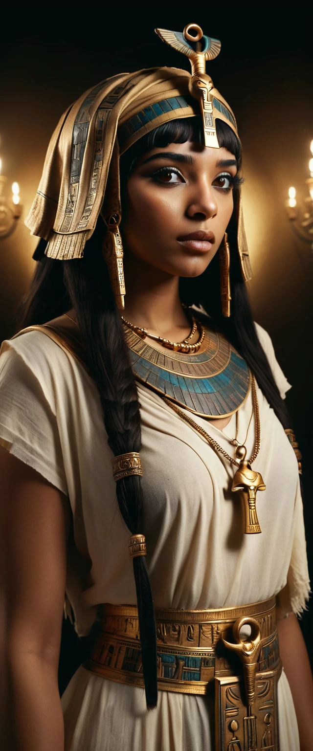 UHD, 4k, ultra detailed, cinematic, a photograph of  Long time ago In ancient Egypt, Cleopatra VII, Thea Philopator, Queen of the Ptolemaic Kingdom of Egypt a woman with a gold headpiece and a necklace, Ancient style, historical style, movie themed, sharp, detailed, epic cinematic photography, artistic style, creative style, dramatic cinematic light, cinematic color style, Kodak motion picture film style, cinematography style, Egyptian mythology style, 1girl, solo, bangs, simple background, black hair, brown eyes, jewelry, closed mouth, earrings, dark skin, necklace, lips, chain, portrait, brown background, realistic, gold, egyptian, egyptian clothes, gold chain, ankh, usekh collar, epic, beautiful lighting, inpsiring