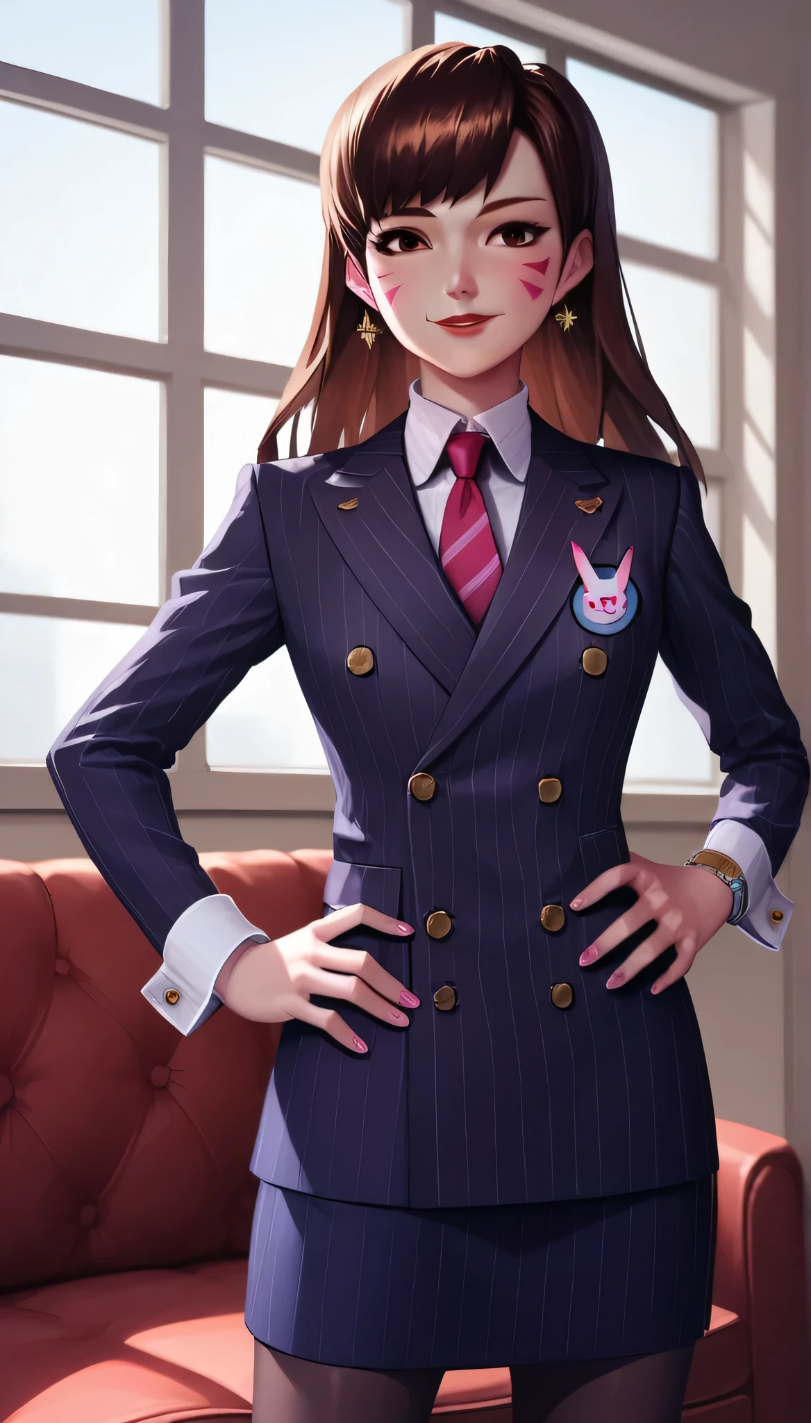 score_9, score_8_up, score_7_up, score_6_up, source_anime, double-breasted suits, d.va, 1girl, solo, brown hair, smile, pretty, formal, jewelry, navy pinstripe suit, red silk necktie, earrings, jacket, shirt, standing, hand on hip, window, black eyes, watch, navy pinstripe jacket, wristwatch, light blue shirt with white collar, red lips, navy pinstripe skirt, makeup, pantyhose, cufflinks, black lapel trim, brown eyes, pink nails,High Resolution, Blush, white cuffs