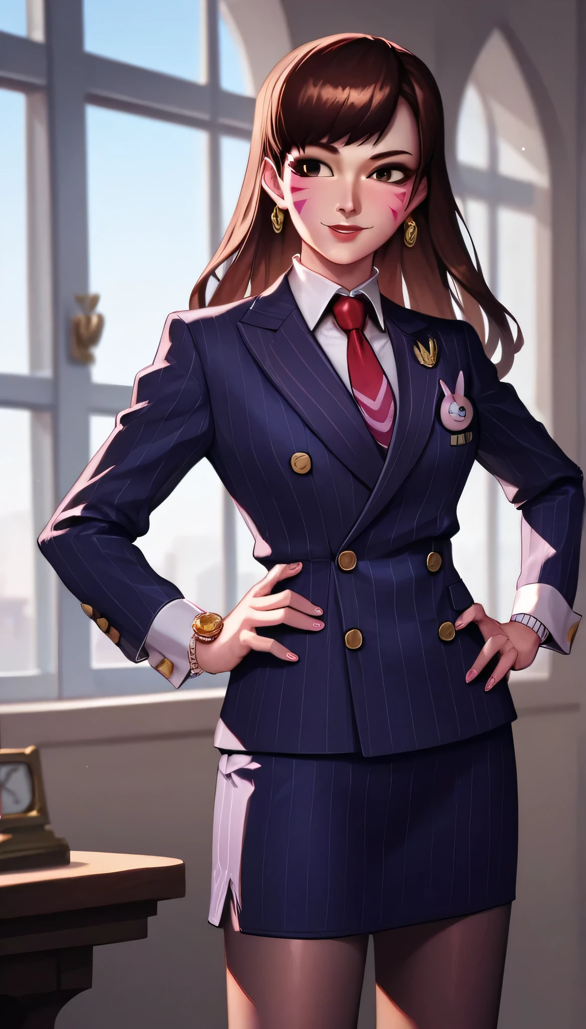 score_9, score_8_up, score_7_up, score_6_up, source_anime, double-breasted suits, d.va, 1girl, solo, brown hair, smile, pretty, formal, jewelry, navy pinstripe suit, red silk necktie, earrings, jacket, shirt, standing, hand on hip, window, black eyes, watch, navy pinstripe jacket, wristwatch, light blue shirt with white collar, red lips, navy pinstripe skirt, makeup, pantyhose, cufflinks, black lapel trim, brown eyes, pink nails,High Resolution, Blush, white cuffs