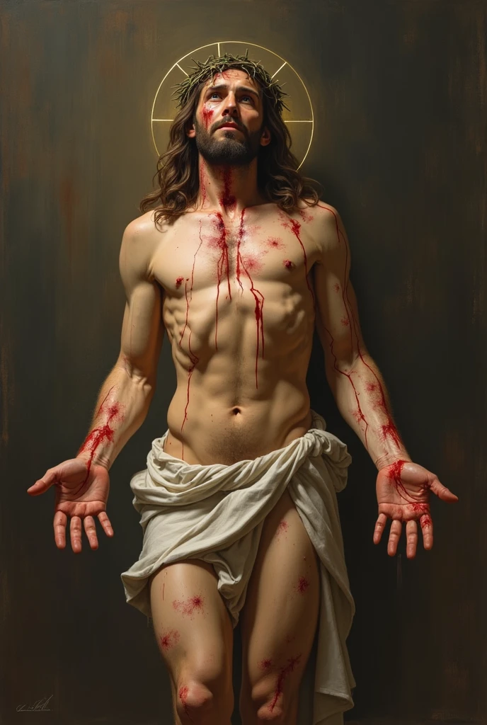 Oil painting, cobtrast, Impresionism, jesus christ, backlight, charisma, crown of thorns, Sick, depend on the father, whipped, bloody