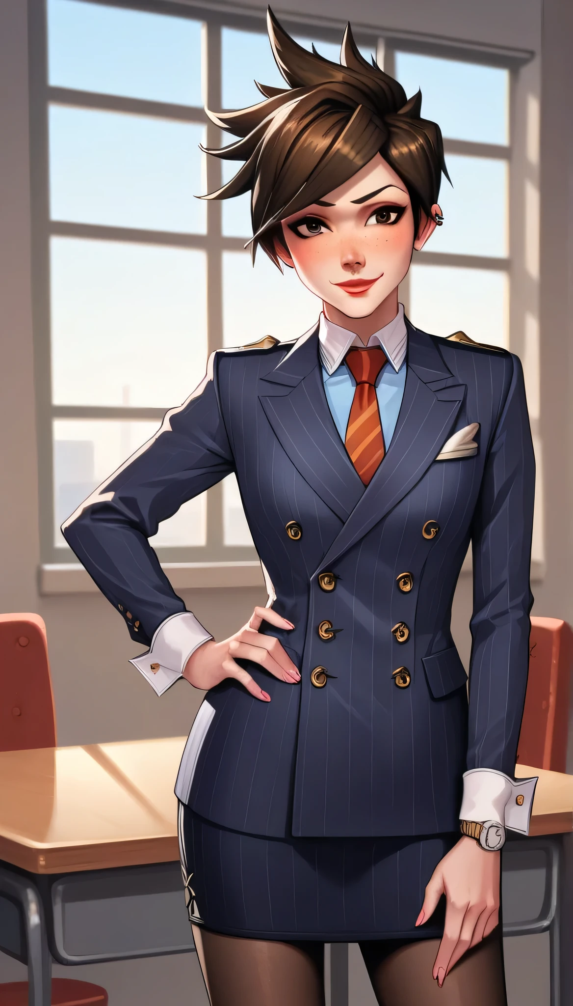 score_9, score_8_up, score_7_up, score_6_up, source_anime, double-breasted suits, tracer, 1girl, solo, brown hair, short hair, freckles, smile, pretty, formal, jewelry, navy pinstripe suit, red silk necktie, earrings, jacket, shirt, standing, hand on hip, window, black eyes, watch, navy pinstripe jacket, wristwatch, light blue shirt with white collar, red lips, navy pinstripe skirt, makeup, black pantyhose, cufflinks, black lapel trim, brown eyes, pink nails,High Resolution, Blush, white cuffs, hand on desk