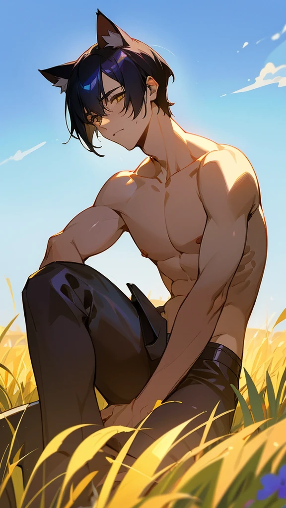 draw Shinji Ikari(male) from evangelion with his armpits exposed and riding a horse while nude