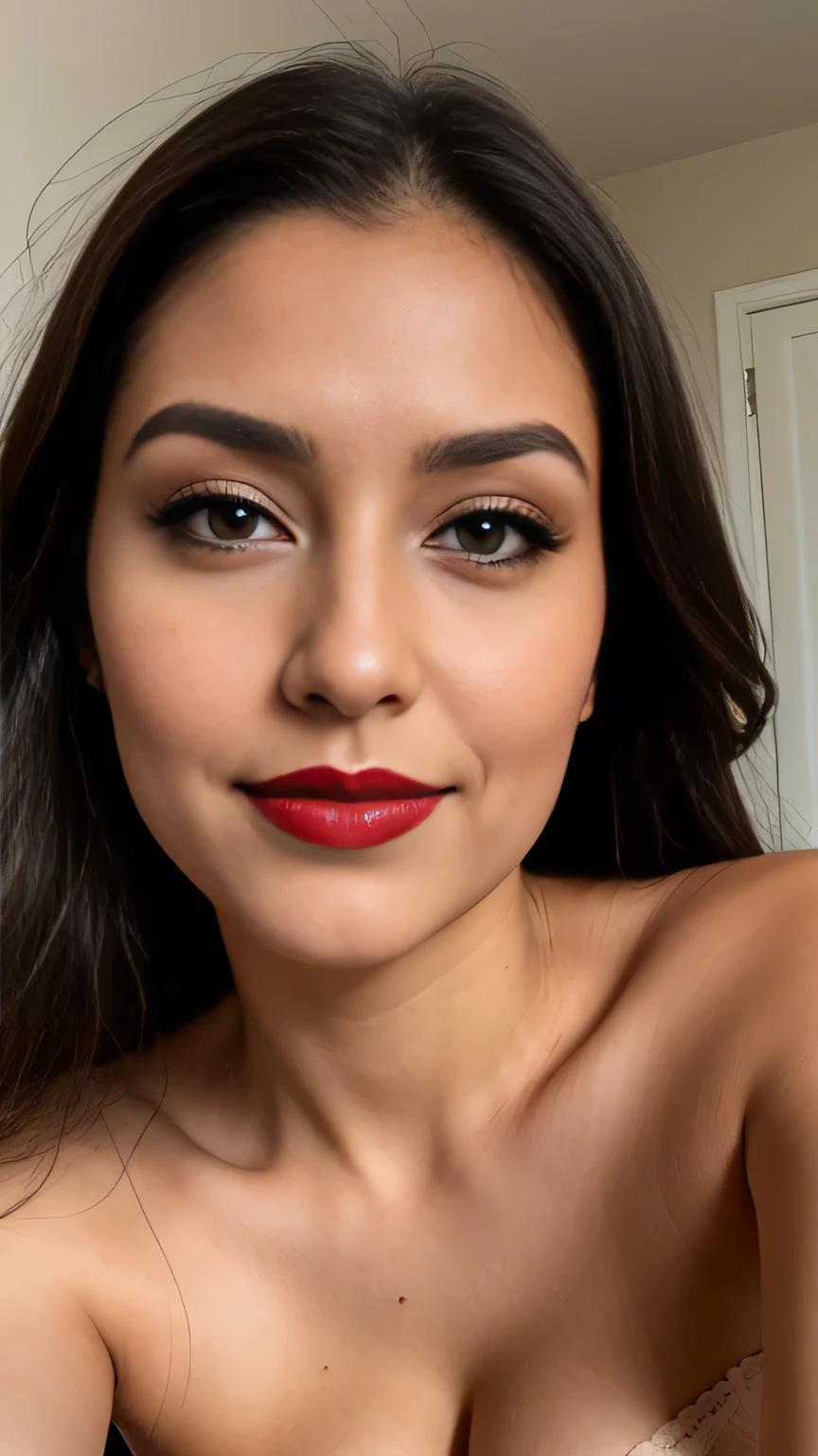 Sexy 21 year old Instagram model. (beautiful face outlined eyebrows quite thick eyelashes light brown eyes red lips blonde long black hair) con un buen cuerpo exagerado