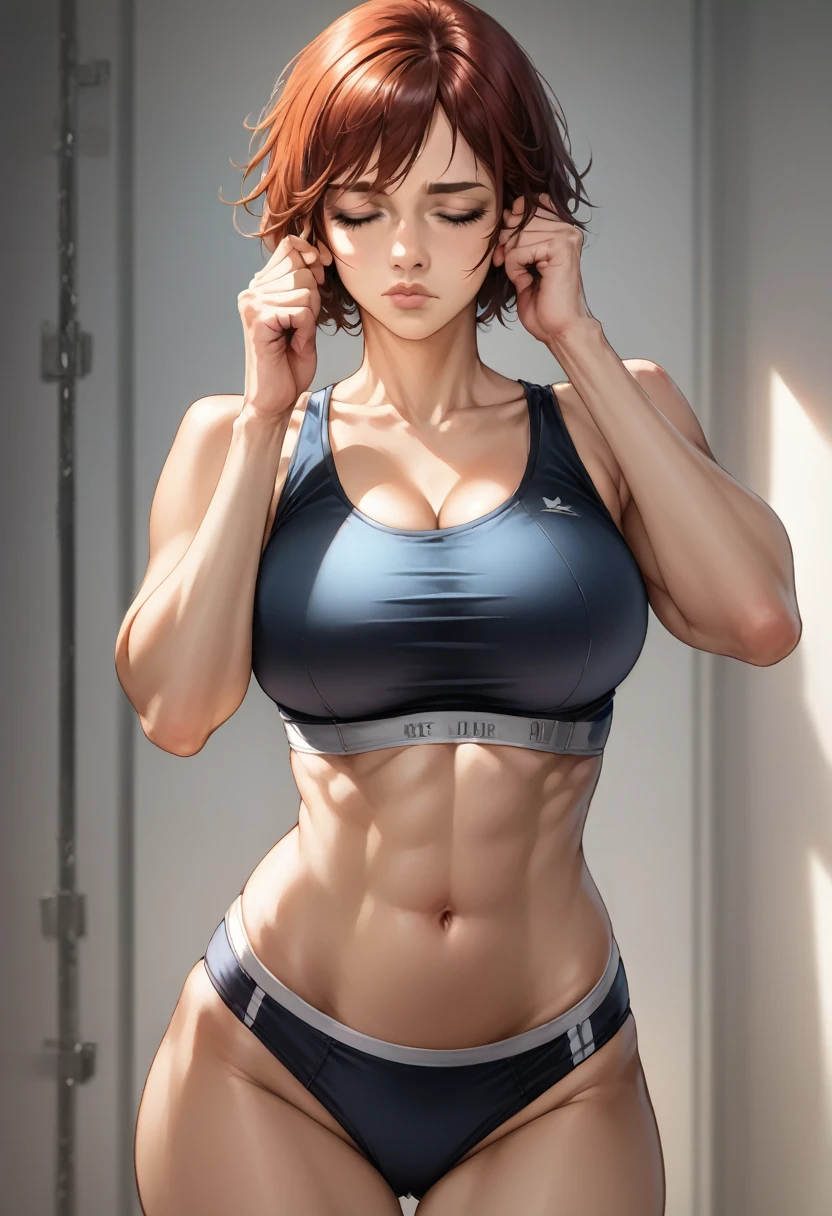 clarie redfield, short hair, beautiful detailed eyes, beautiful detailed lips, extremely detailed eyes and face, long eyelashes, blue eyes, big breasts, sensual body, wearing: sports bra, panties, pose: covering ears, tired expression, eyes closed, prison cell, (best quality,4k,8k,highres,masterpiece:1.2),ultra-detailed,(realistic,photorealistic,photo-realistic:1.37),cinematic lighting,dramatic shadows,highly detailed facial features,photorealistic portrait,female character