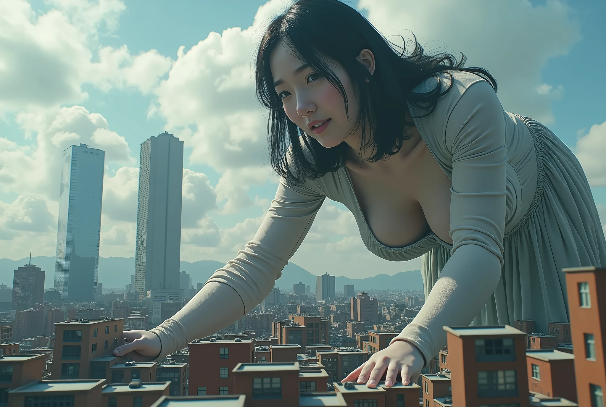 (32k, High resolution, highest quality, masterpiece, 超High resolution), (((Giantess Elements, Typhoon heavy rain))), From above, Perfect dynamic composition:1.2, (Modern city at night, Expressions of sadness:0.7), Highly detailed skin and facial textures:1.2, ((Towering Giant Young Woman:1.0, Higher than skyscrapers:1.0, 200,000 feet high:1.5, Incredibly slim body:1.0)), Fair skin, Sexy beauty, Very beautiful face, , Water droplets on the skin, (The rain drips down on my body:0.5, Wet body:0.5, Wet Hair:0.5), (Wet linen pants:1.0, Wet turtleneck sweater:1.0), Shapely breasts, Chest gap, Big eyes that exude beautiful eroticism, Lips that exude beautiful eroticism, necklace, Earrings, bracelet, wedding ring, Shoulder bag, clock, ribbon, High heels, Full body portrait, ((Destroy a small city, Burning Small Town, rubble, Destroyed small building, Collapsed highway, Evacuated Residents)), ((Major impact, Emphasizing the majesty and power of giants, Increase the destructive element, Lower the building, Making cities smaller))