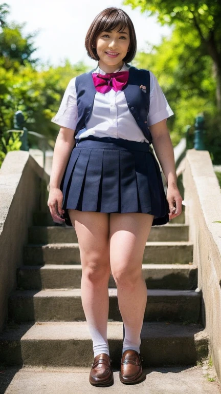 ((Best of the highest quality, 8k, Masterpiece, raw photo: 1.2)), (Sharp focus: 1.2), (1 AESPA, slim body type female, 21 y/o: 1.1), (Solo: 1.28), (realistic, photo-realistic:1.37), face focus, cute face, finely eyes, (droopy eyes: 1.32), (Emphasize prominent aegyo-sal with bright: 1.2), shimmering eyeshadow applied under the lower lash line, paired with thick, (small breasts, flat chest, Thigh: 1.3), (short messy hair: 1.28), (wearing navy blazer school uniform, skirt: 1.32), (ribbon: 1.1), walking terrace dining, flower, (skirt is rolled up by the wind, from below: 1.16)
