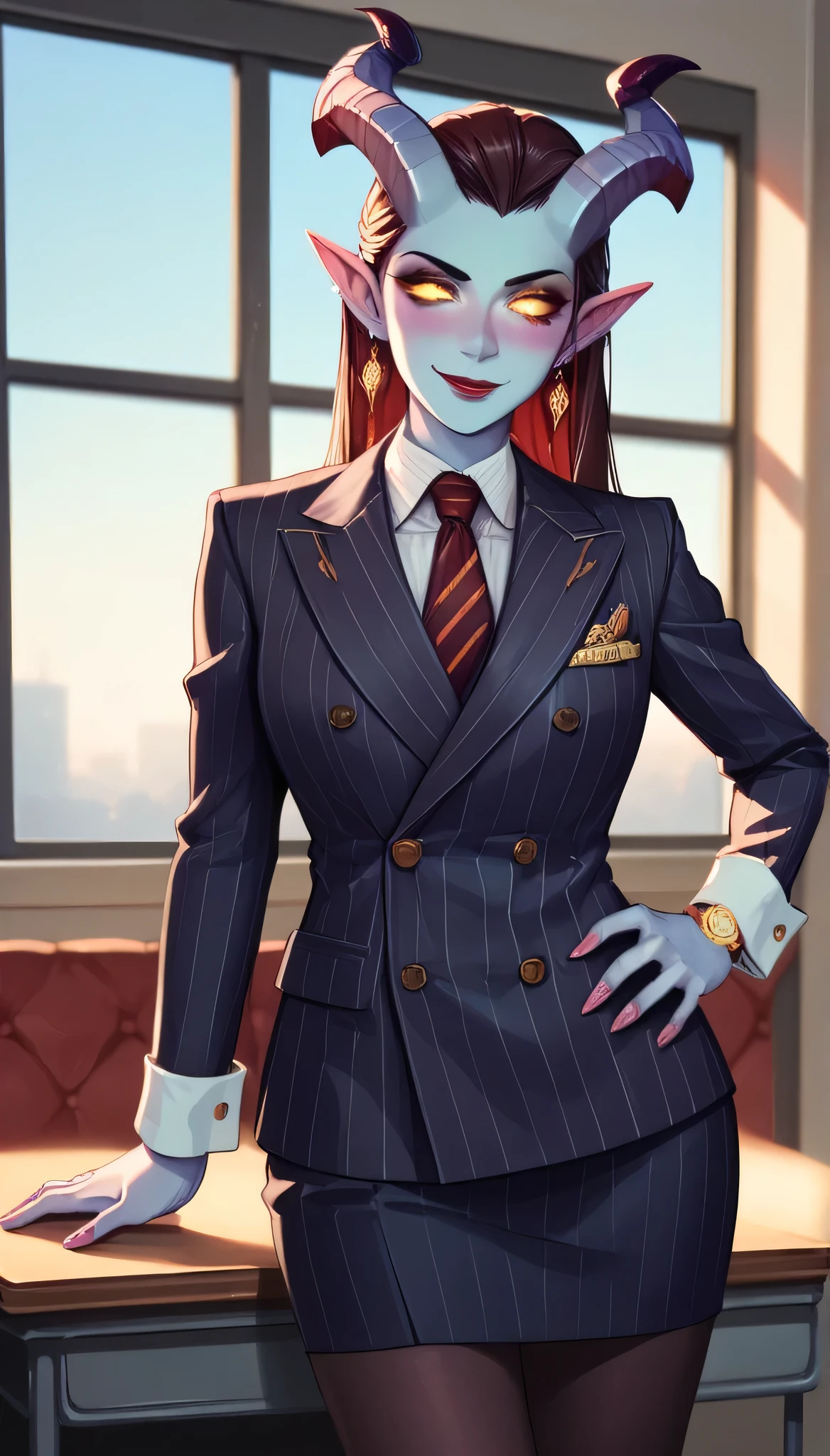 score_9, score_8_up, score_7_up, score_6_up, source_anime, double-breasted suits, 1girl, solo, drnei, horns, pointy ears, colored sclera, glowing eyes, colored skin, smile, pretty, formal, jewelry, navy pinstripe suit, red silk necktie, earrings, jacket, shirt, standing, hand on hip, window, black eyes, watch, navy pinstripe jacket, wristwatch, light blue shirt with white collar, red lips, navy pinstripe skirt, makeup, black pantyhose, cufflinks, black lapel trim, brown eyes, pink nails,High Resolution, Blush, white cuffs, hand on desk