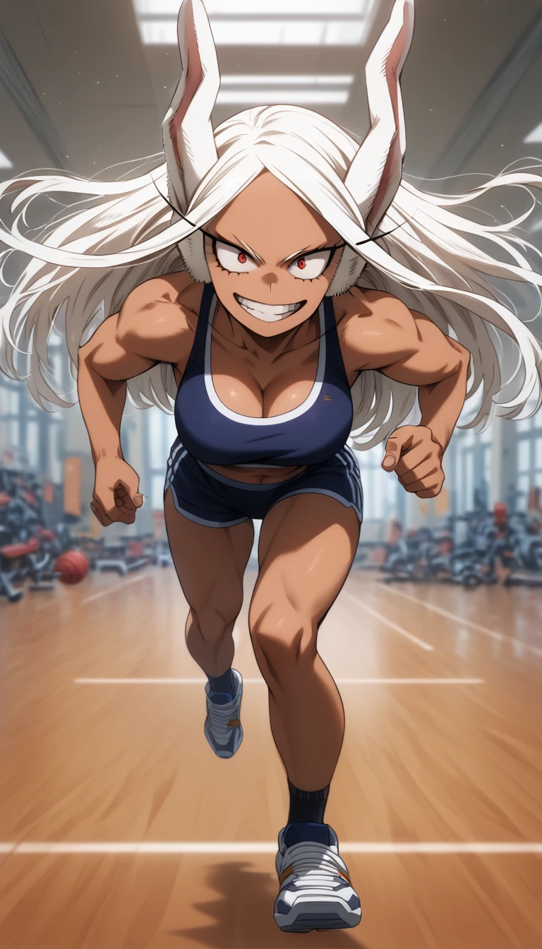 1girl, rumi usagiyama, My Hero Academia, (best quality), ((masterpiece)), (highres), 16K, animal ears, rabbit girl, dark skin, rabbit ears, red eyes, perfect face, long hair, white hair, parted bangs, wearing sports bra, wearing black panties, sports shoes, busty body, large breasts and a beautiful ass, showcasing cleavage, legs, hips, looking at viewer, smile, detailed full body, gymnasium background