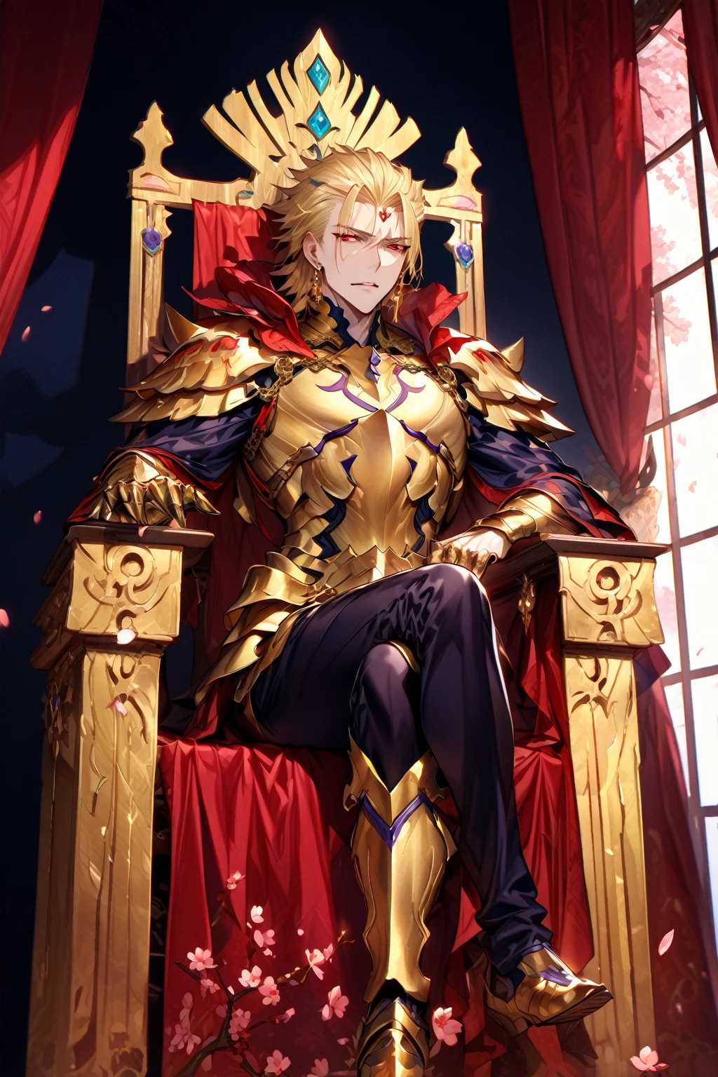 absurdres, highres, ultra detailed, HDR, master piece, best quality, extremely detailed, detailed eyes, detailed face, Gilgamesh, blonde hair, short hair, hair slicked up, ruffled hair, expressive red eyes, Fate Grand Order, solo, sexy man, handsome, sensual, adult face, golden armor, golden necklace, square golden earrings, red curtains, red tattoo, garden, green leaves, red cherry blossoms, red flowers, fantasy, magical, water, sitting