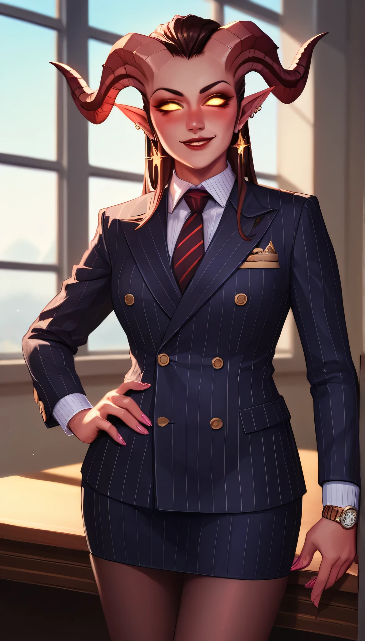 score_9, score_8_up, score_7_up, score_6_up, source_anime, double-breasted suits, 1girl, solo, drnei, horns, pointy ears, colored sclera, glowing eyes, colored skin, smile, pretty, formal, jewelry, navy pinstripe suit, red silk necktie, earrings, jacket, shirt, standing, hand on hip, window, black eyes, watch, navy pinstripe jacket, wristwatch, light blue shirt with white collar, red lips, navy pinstripe skirt, makeup, black pantyhose, cufflinks, black lapel trim, brown eyes, pink nails,High Resolution, Blush, white cuffs, hand on desk