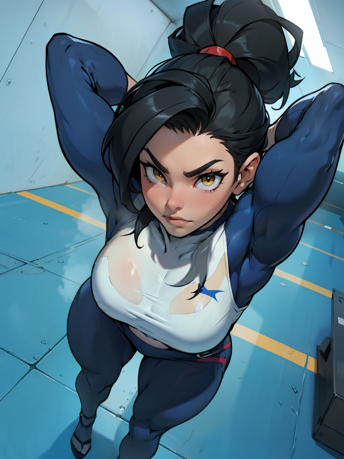 joyful gleaming eyes black hair yellow eyes pale skin sharp focus muscular girl massive breasts muscular girl solo