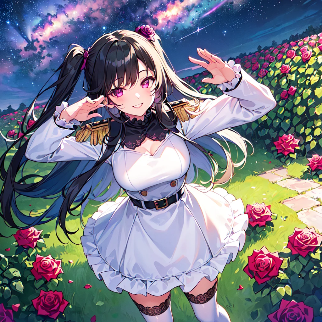 solo, anime girl, glossy purple hair, long hime cut, intricated lace dress, short dress, white dress, smile, red eyes, looking the viewer, posing, hands on hip, great palace, white palace