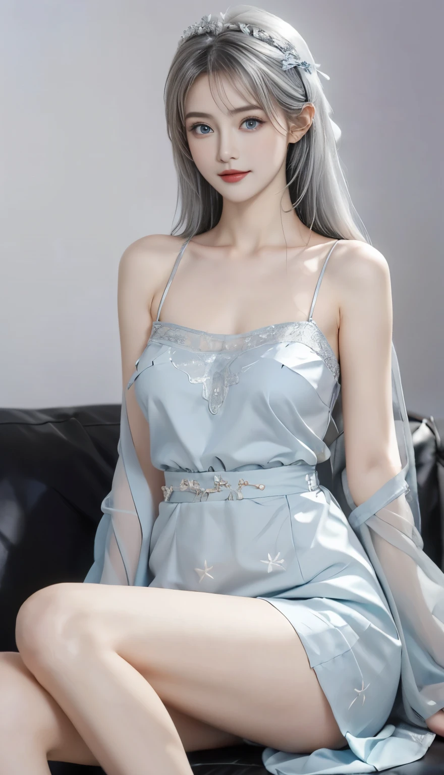 Posing for photos, See-through dress,  (Healthy、High waist and big butt:1.1)，miniskirt, Wearing a skirt made of beads,  Sky blue texture clothing, Sexy（顶级Sexy服装设计，Sexy sea blue underwear1.3）, ((Cami White, Silver Hair, Bangs, Shoulder-length hair, Blue Eyes, Antenna hair,  )), (Delicate face), Thin lips，Smile, ((Abaya,)),Silver long hair,(Beautiful face，Fine details:1.5)(Beautiful breasts：1.2),(蓬松的Blue Eyes: 1.21),(Fractal Art：1.6)Former God Flina，Wearing a dress made of blue stars，Show your thighs，Simple indoor light and shadow background，(Sitting on the sofa with a coffee cup)