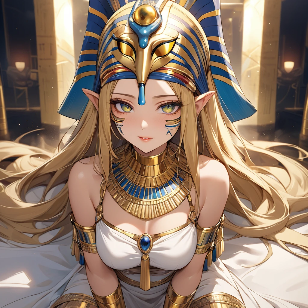 ((Best Quality)), ((masterpiece)), (detailed), （Perfect Face）、The high elf woman wearing a golden Tutankhamun mask is Seras Ashrain, a high elf with blonde medium-long hair, dressed in Egyptian Tutankhamun costume, wearing a golden Tutankhamun mask, adorned with luxurious jewelry accessories and an engagement ring, and her face is painted gold to resemble Tutankhamun&#39;s face.