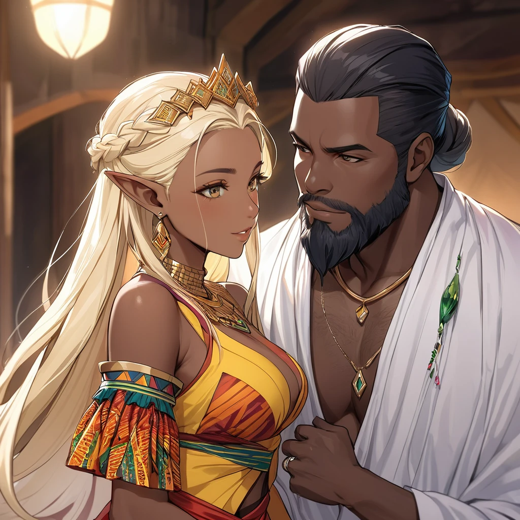 ((Best Quality)), ((masterpiece)), (detailed), （Perfect Face）、The high elf woman is Seras Ashlain, wearing a colorful Ghanaian national costume, gorgeous jewelry, and an engagement ring. Her blonde medium-long hair is finely braided into a braid, giving her the hairstyle of an African woman.、The woman marries a bearded, middle-aged Ghanaian man and becomes a Ghanaian female high elf.