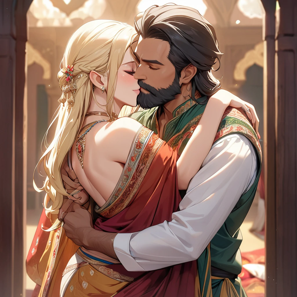 ((Best Quality)), ((masterpiece)), (detailed), （Perfect Face）、The high elf woman is Seras Ashlain, a blonde, medium-long-haired high elf wearing a colorful Indian traditional sari, gorgeous jewelry and an engagement ring.、The woman has married a middle-aged Indian man with a beard and has become an Indian woman, embracing and kissing her husband.