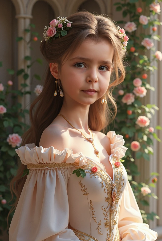 (12 years old ???) ,(NO BREASTS), wicked Glinda, dark blonde, long pink winter dress , ultra resolution, ultra detailed, ultra realistic, crystal Crown