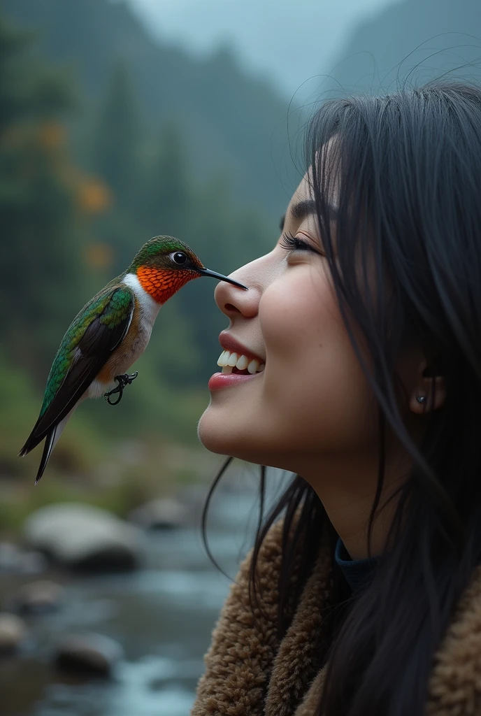 Cheerful Humming 1 beautiful young asian woman and a hummingbird kissing her cheek ...
