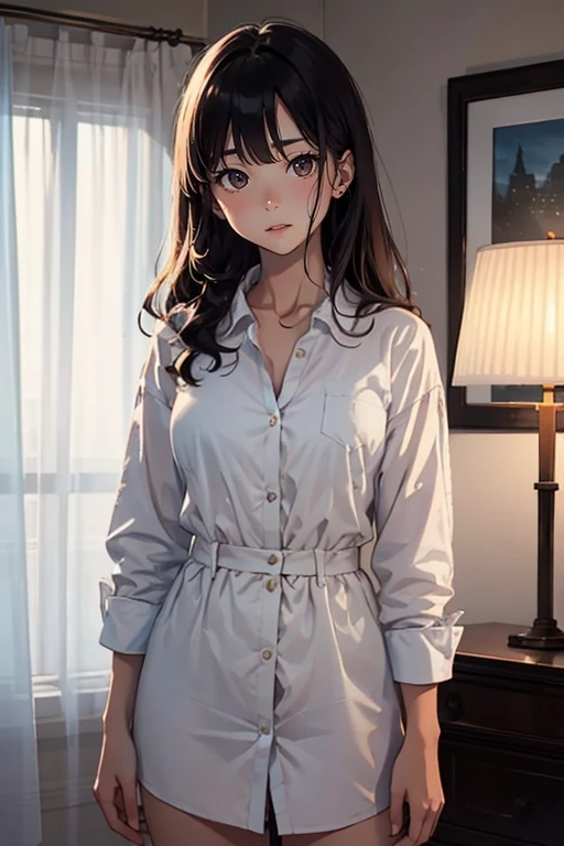 1girl, Walter White, gijinka, pajamas, dark brown hair, dynamic pose, cute comfy outfit, (masterpiece:1.2), (best quality:1.3), (blush), (aesthetic face). Caffe Background.