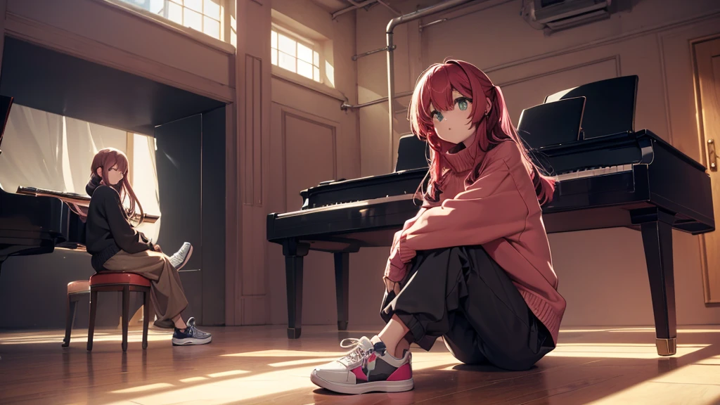 Girl sitting in front of the piano, in perfect position, brightly lit room, full body, sweater and wide pants with sneakers