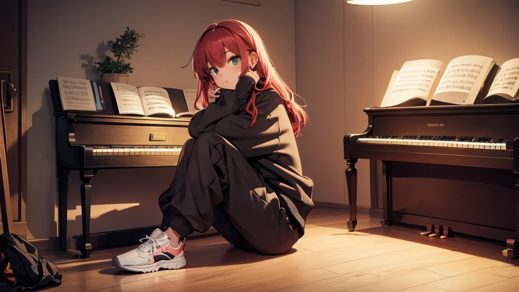 Girl sitting in front of the piano, in perfect position, brightly lit room, full body, sweater and wide pants with sneakers