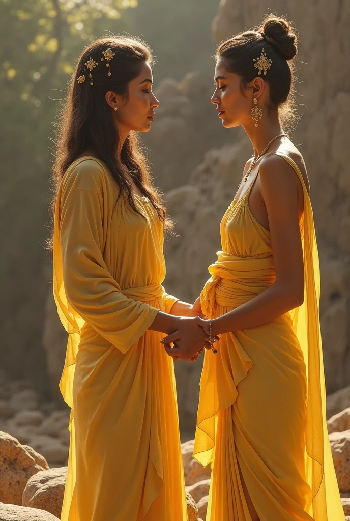 In a tranquil forest clearing near a serene lake, just before sunrise, two women from different indigenous tribes stand intimately close, watching the dawn. The sky is a gradient of deep blue and emerging gold as the sun begins to rise, casting a soft glow through the morning haze and volumetric clouds.
The Cherokee woman wears a deerskin dress with intricate beadwork of bones, seeds, and natural stones forming vibrant patterns. Her skin features symmetrical designs in ochre and charcoal, with a woven grass headband and deerskin moccasins. Her dark hair is braided with natural fibers and feathers.
The Lakota woman is adorned in a deerskin robe with beadwork of shells, seeds, and carved bones. Her skin is painted with red ochre and blue clay, with designs symbolizing her tribal identity. She wears a feathered headband and a beaded necklace of shells and bones, with her hair braided and decorated with feathers and beads.
The two women stand close, their arms touching as they watch the sunrise. Their faces are illuminated by the soft light of the dawn, and they both look towards the camera, slightly smiling. The lake reflects the emerging sunlight, and the surrounding forest is bathed in the gentle morning light.
**Objects/Tools/Items in the Scene:** feathers, beads, shells, stones, bones, deerskin, woven grass, natural fibers, moccasins, ochre, charcoal, red ochre, blue clay, headband, necklace, braid, patterns, sunrise, lake, forest, trees, foliage, haze, volumetric clouds, dawn, glow, intimate, traditional.