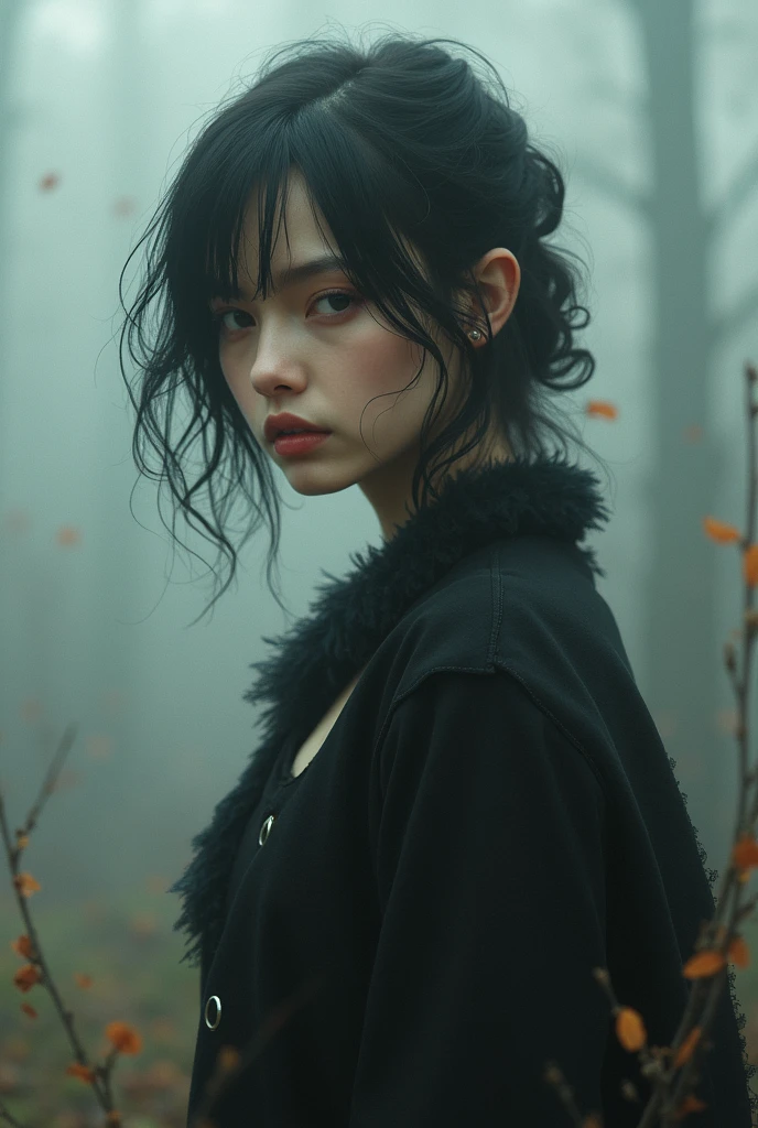 ung women, long messy hair, her hair are black, serious, soulsborne, grey eyes, high res, high quality, 8k, wearing a black long coat, has a belt, she has a pale skin, dark fantastic
