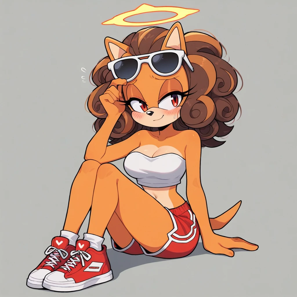 score_9, score_8_up, mobian, hedgehog, two-tone fur ((orange fur, brown fur)), pyjama elastic shorts, strapless crop top, cleavage, high-top sneakers, two-tone hair (brown hair, black tip)), curly hair, halo, sunglasses, jewelry, red eyes, longeyelashes, red eyes, smile, shy, blush