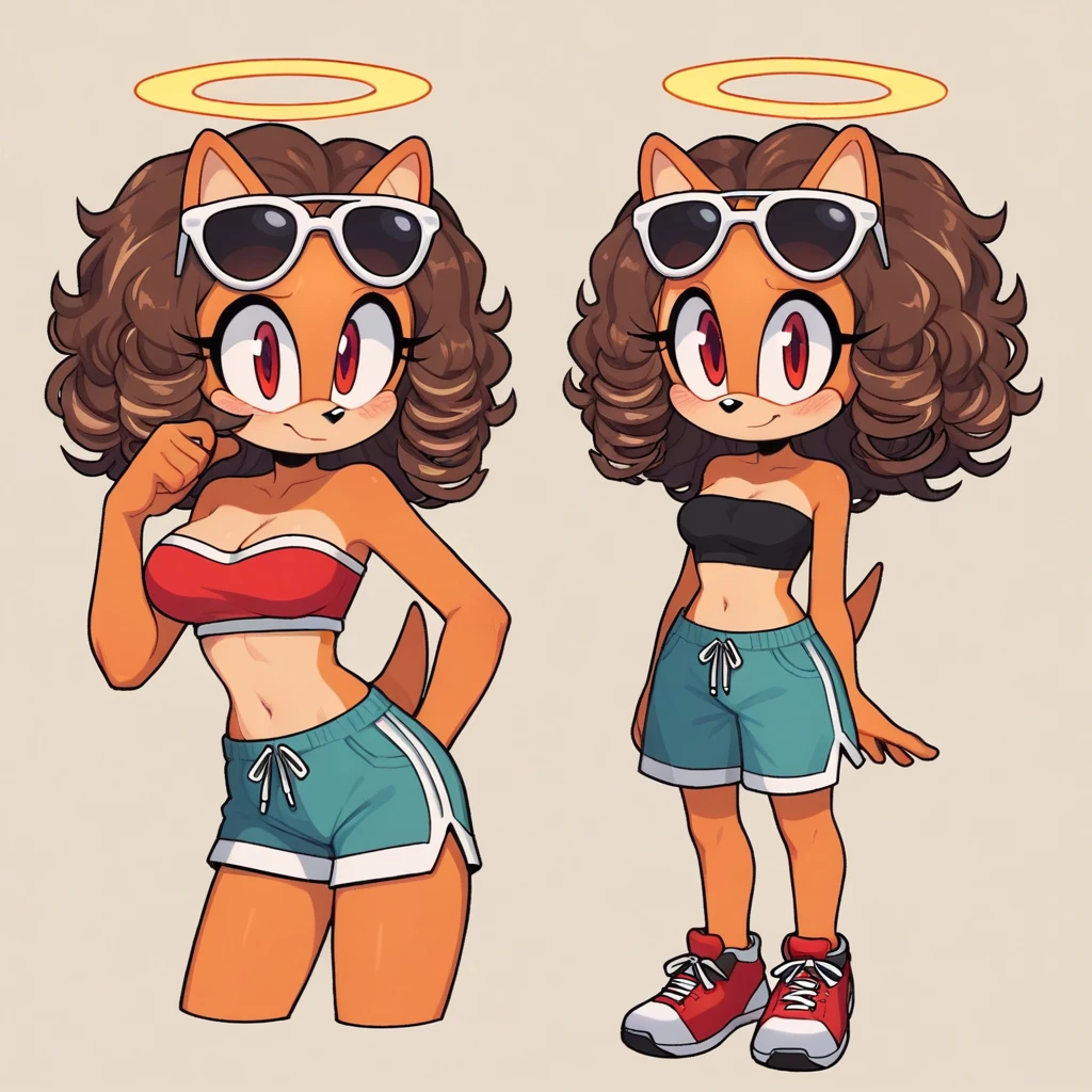 score_9, score_8_up, solo, mobian, hedgehog, two-tone fur ((orange fur, brown fur)), pyjama elastic shorts, strapless crop top, cleavage, high-top sneakers, two-tone hair (brown hair, black tip)), curly hair, halo, sunglasses, jewelry, red eyes, longeyelashes, red eyes, smile, shy, blush