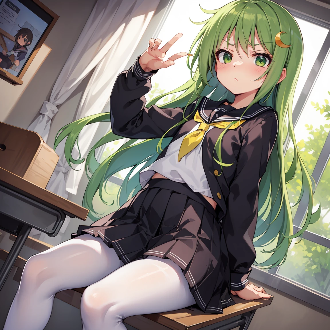 Portrait, official art, best masterpiece, best quality, best resolution, 8K, best detailed, perfect anatomy, (Dutch Angle)
BREAK
By the window, sitting in a chair, reading
BREAK
green hair, long hair, green eyes, black sailor uniform, black miniskirt, 
white neckerchief, pantyhose, shoes, (flat chest, child_like build, short stature:1.2), 1small girl, solo
BREAK
serious face, bashful
BREAK
School, classroom, (evening, twilight:1.3), very fine and detailed 16KCG wallpapers