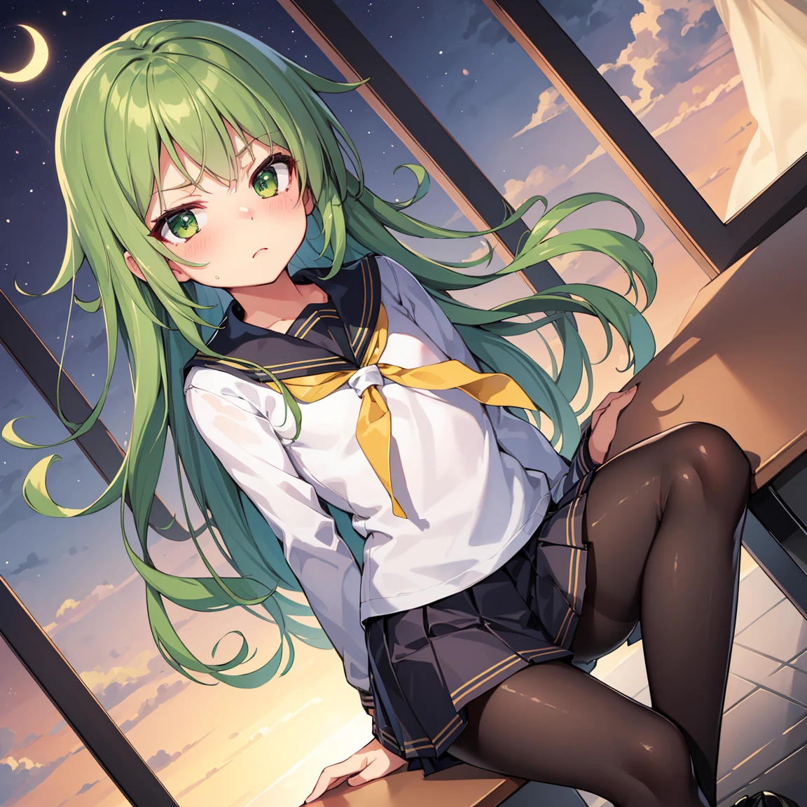 Portrait, official art, best masterpiece, best quality, best resolution, 8K, best detailed, perfect anatomy, (Dutch Angle)
BREAK
By the window, sitting in a chair, reading
BREAK
green hair, long hair, green eyes, black sailor uniform, black miniskirt, 
white neckerchief, pantyhose, shoes, (flat chest, child_like build, short stature:1.2), 1small girl, solo
BREAK
serious face, bashful
BREAK
School, classroom, (evening, twilight:1.3), very fine and detailed 16KCG wallpapers