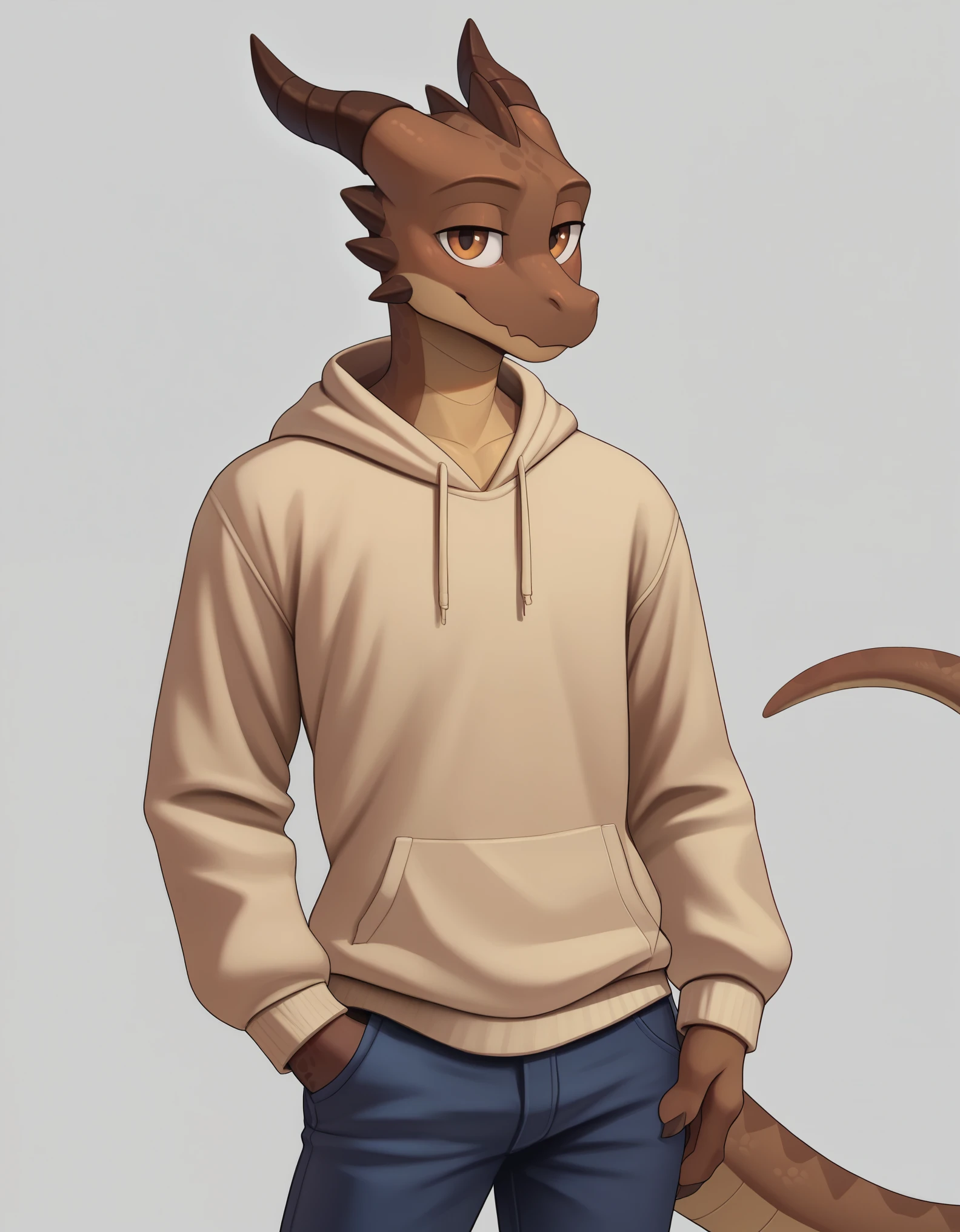 anthro furry male lizard,by cooliehigh, solo,slim body, portrait,good hand, four fingers,(dragon horns, 2 horns),((brown skin,brown scales)),(brown sweatshirt, pants),standing,hands inside the sweater,happy,skinny, looking at viewer, fur body,realistic style, complex background,male,sexy pose,lizard short tail,brown eyes,big eyes,cartoon eyes,score_9,score_8,score_7,score_8_up,score_7_up,score_6_up,