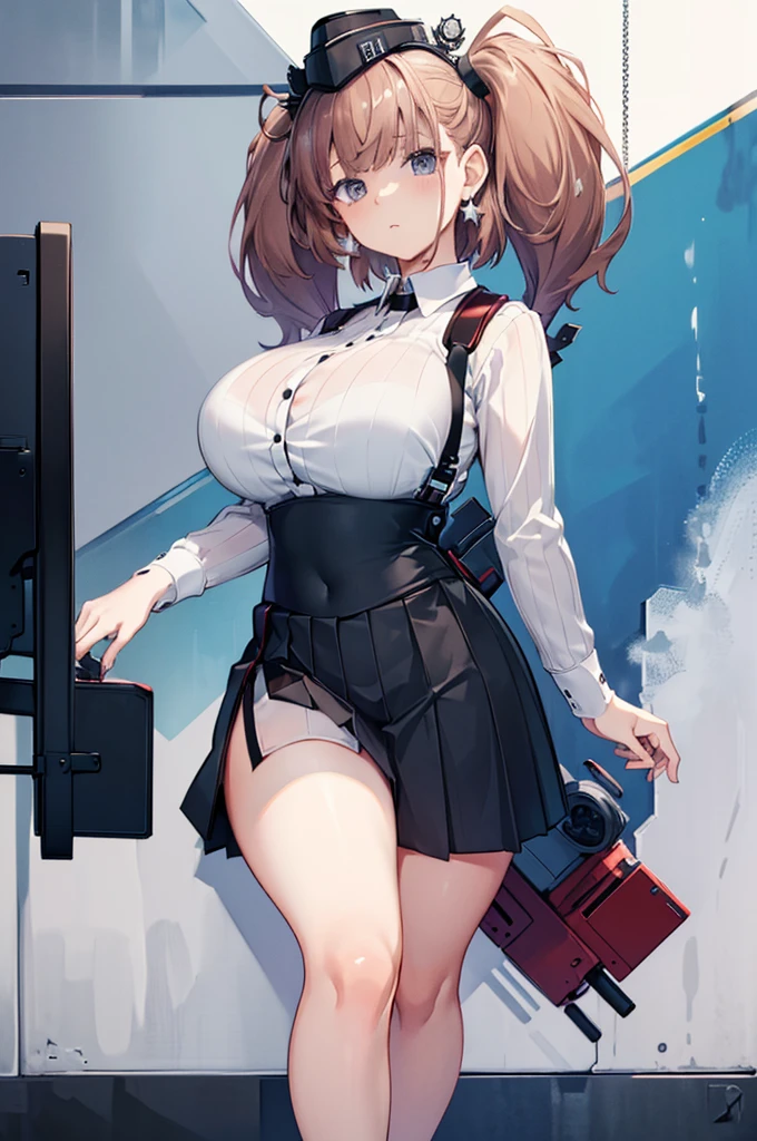 ((masterpiece)),((Best Quality)), One Woman, Alone, atlanta \(kancolle\), Bust Shot, from the front, Standing, View your viewers, Detailed Eyes, White business shirt, black high waist skirt, suspenders,Star-shaped earrings, hat, Brown Hair, Twin tails, (((Very large breasts))),((Very thick legs))