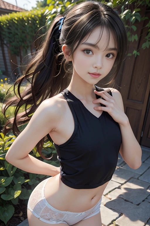 Knees，Black shirt，a navel，pleatedskirt，A dark-haired，poneyTail，blush，( girl)