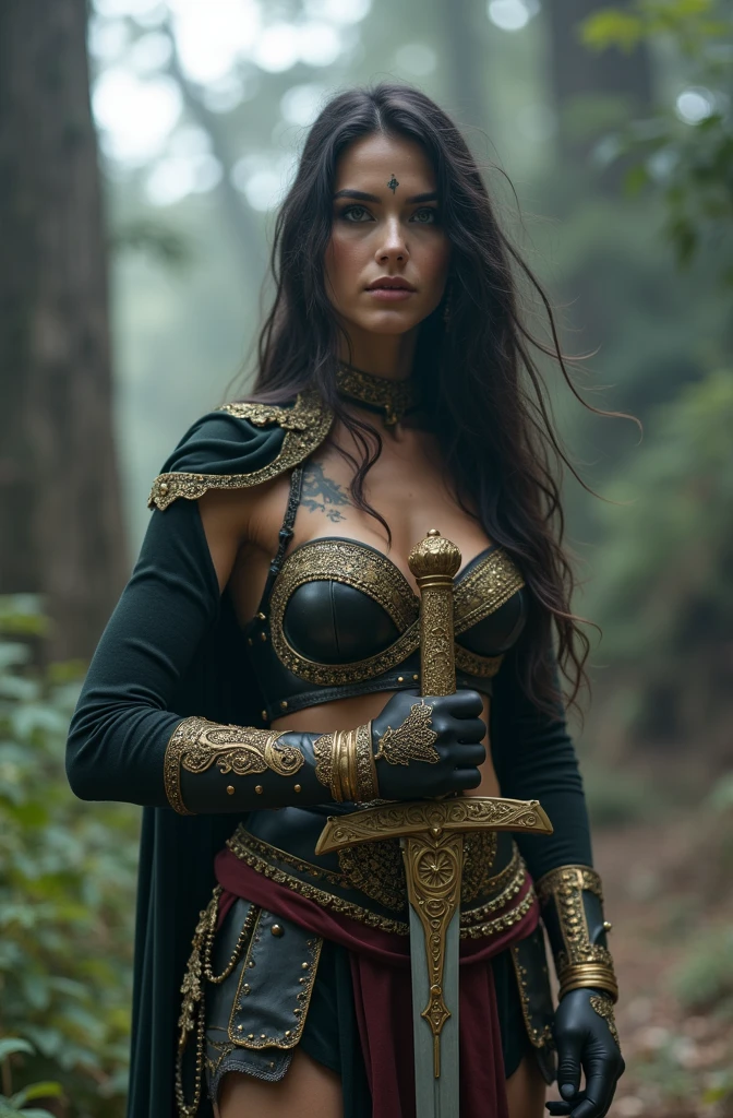 In a lush, mist-shrouded clearing, a stunning warrior maiden stands poised, her slender fingers wrapped around the hilt of a sword. Her ethnicity is a captivating blend of Mediterranean features, with a warm, golden-hued skin tone complemented by piercing green eyes and a scattering of freckles across the bridge of her nose. A tiny, delicate tattoo of a sun adorns her left cheekbone, adding an air of mystique to her striking visage. Her raven-black hair cascades down her back like a waterfall of night, with a few rebellious strands framing her heart-shaped face. A vibrant, crimson-hued warrior skirt, tantalizingly short, clings to her toned legs, showcasing her athletic physique. Overlaid upon her physique is a dashing warrior ensemble, complete with a bodice adorned with intricate, gemstone-encrusted armor plating that glimmers in the soft, ethereal light. The camera lingers on her athletic form, the lavish gold accents of her armor glinting with subtle, cinematic flair, as if masterfully lit by the inimitable Martin Scorsese. Oblique, soffit, and Nazis are carefully balanced to project an atmospheric sense of foreboding, while the exceptional film grain and well-handled color grading evoke a dreamlike quality. The lighting palette is characterized by an emphasis on warm, golden tones, punctuated by the soft glow of misty, ambient light emanating from the clearing's atmospheric, emerald-hued fog. Inspired by the iconic visual aesthetic of Wes Anderson, the arrangement of props and characters is carefully composed to create a sense of harmonious dissonance, with the warrior maiden's embracing posture deftly capturing the paradoxical unity of strength and vulnerability. As she stands, the sword's curved blade appears to be an extension of her own artistic soul, a symbol of her unwavering commitment to her craft. The scene unfolds in 35mm, with a subtle, film-like texture that conveys a unique, tactile quality, inviting the viewer to step into the mystical w