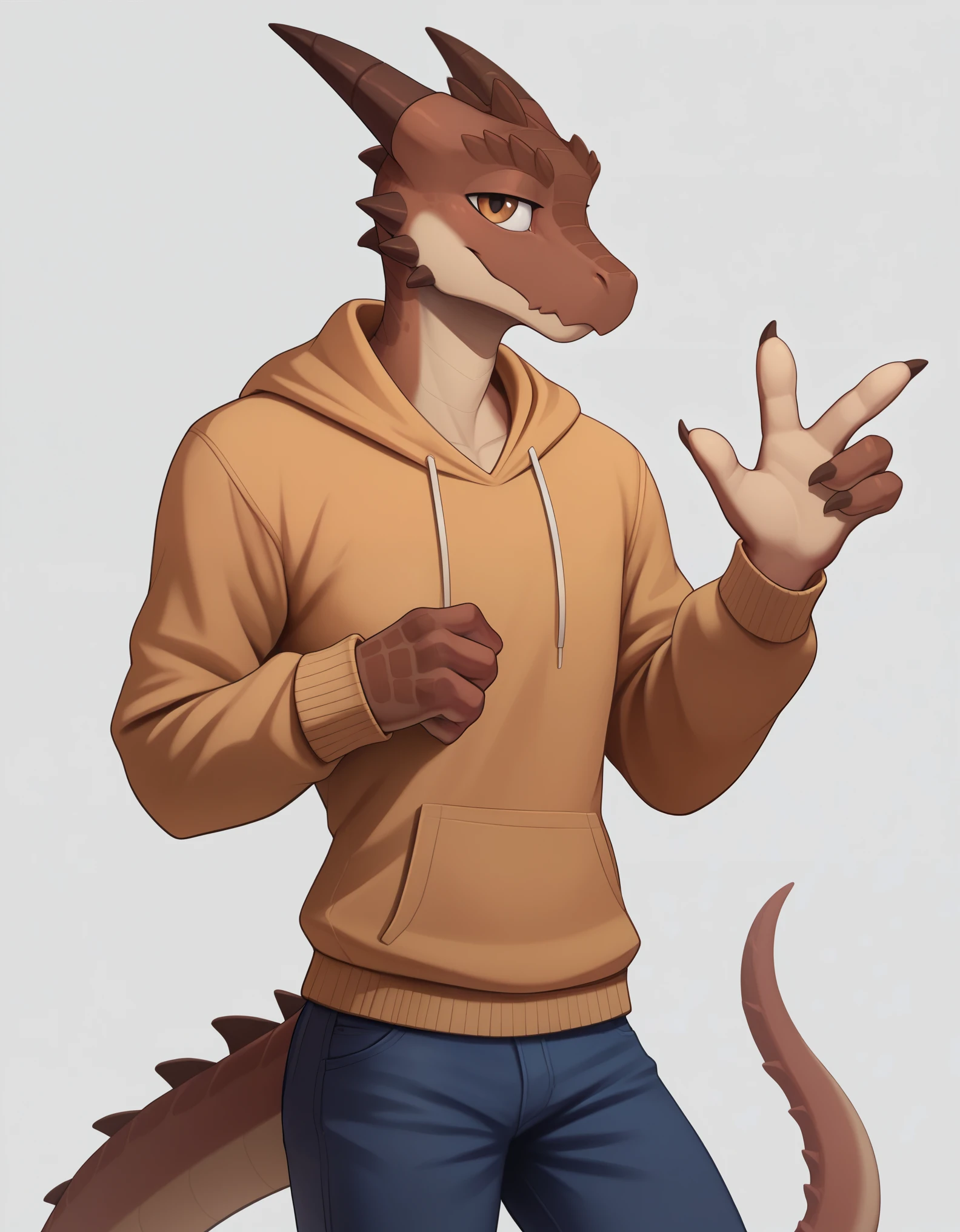 anthro furry male lizard,by cooliehigh, solo,slim body, portrait,good hand, four fingers,(dragon horns, 2 horns),((brown skin,brown scales)),(brown sweatshirt, pants),standing,hands inside the sweater,happy,skinny, looking at viewer, fur body,realistic style, complex background,male,sexy pose,lizard short tail,brown eyes,big eyes,cartoon eyes,score_9,score_8,score_7,score_8_up,score_7_up,score_6_up,