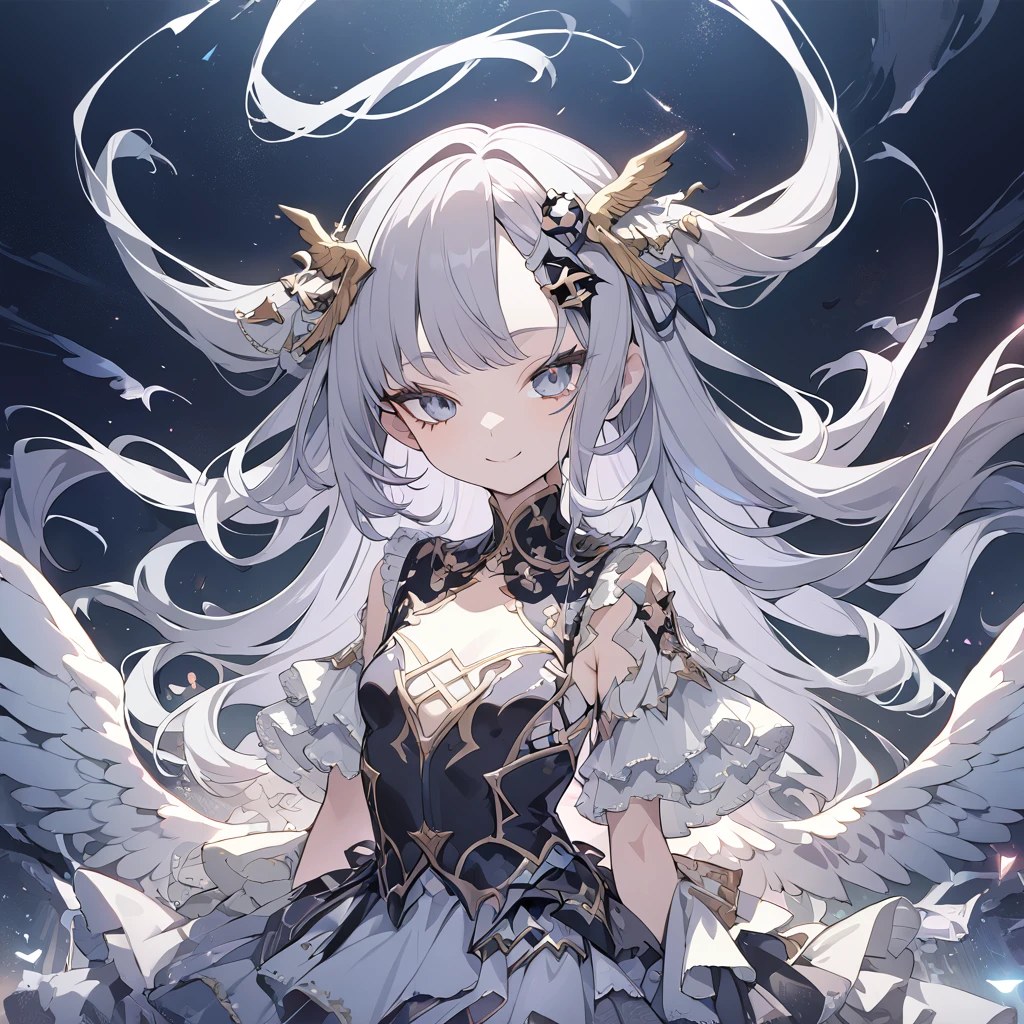 Absurd,anime,Detailed and beautiful eyes,(art),(artistic clothing:1.5),angel,gray hair,smile,(a girl:1.5),from the waist up,(small breasts:1.2),(small chest:1.2),mysterious,fallen Angel,Hello,(Large detailed hair ornament:1.2),(look away:1.5),detailed clothes,Flashy Moves,Mechanical,masterpiece, moe kawaii,abyss,luster,lame,(ultra detailed:1.2), ((highest quality)) ,Extremely Delicately Beautiful ,64k