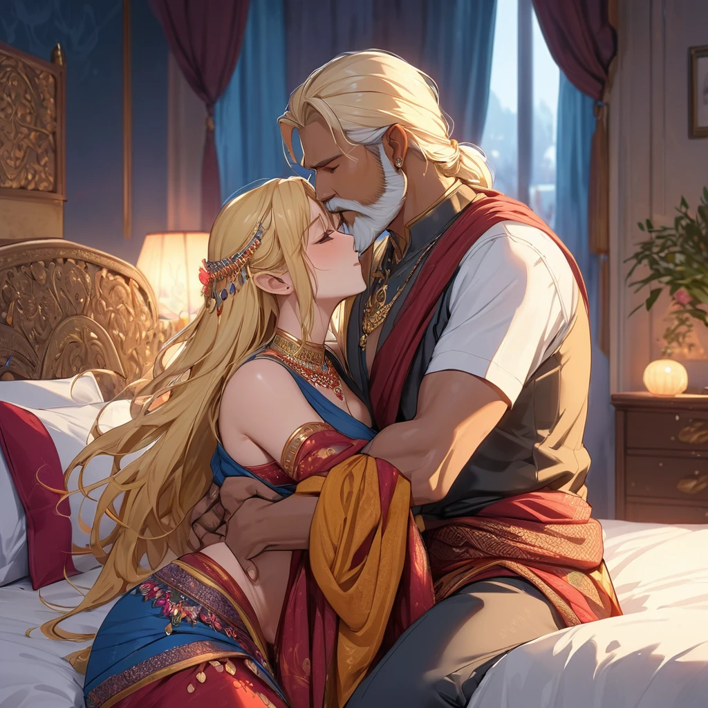 2 people in the image: blushing Cinderella naked with beautiful breasts and ass stands in front of a handsome prince, sexual desire, the handsome prince behind Cinderella put his hands on her soft breasts and squeezes them