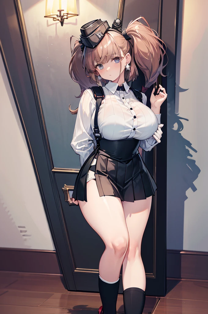 ((masterpiece)),((Best Quality)), One Woman, Alone, atlanta \(kancolle\), Bust Shot, from the front, Standing, View your viewers, Detailed Eyes, White business shirt, black high waist skirt, suspenders, Black rubber gloves, Star-shaped earrings, hat, Brown Hair, Twin tails, (((Very large breasts))),((Very thick legs))