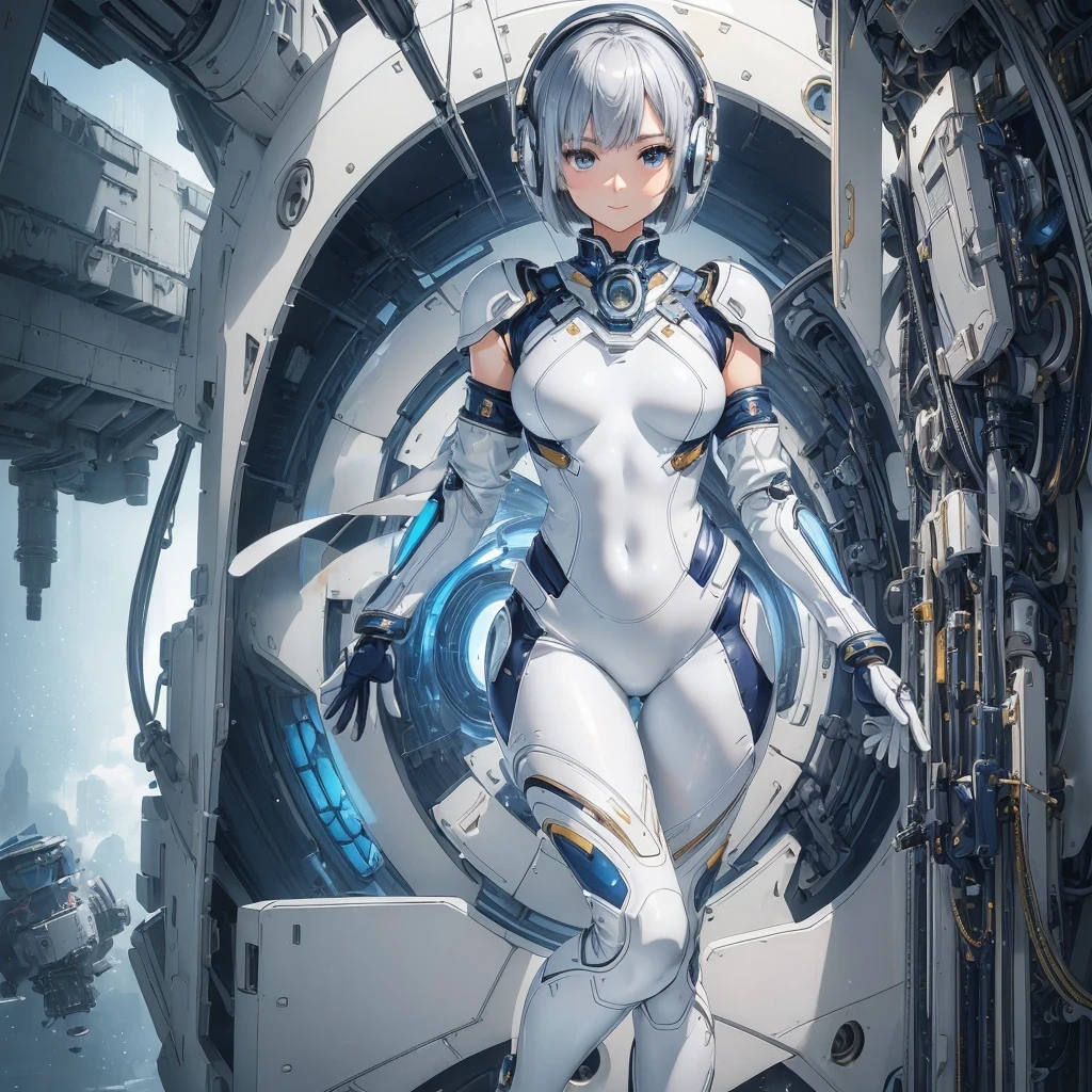 (masterpiece、Highest quality、Highest Resolution、Clear_image、Detailed details): (Whole body、One 20 year old girl、Japanese Faces、Small Face、Slender、Navy blue super short bob cut hair、(Hidden small breasts:1.3)、Sparkling blue eyes、Shiny pilot suit in white, blue and black colors、Chest protection armor、Tight fitting clothes、Clothing that covers the whole body、Glamorous clothes、Tight Fit Pants、Hide your skin、Very delicate and beautiful、Detailed Skin、hide thighs、Hide your ass、Cute、A gentle smile、Soft expression、heroine、headset、Knee-high boots、Elbow-length gloves、Eye Level Shot、Face directly、Woman on a spaceship)