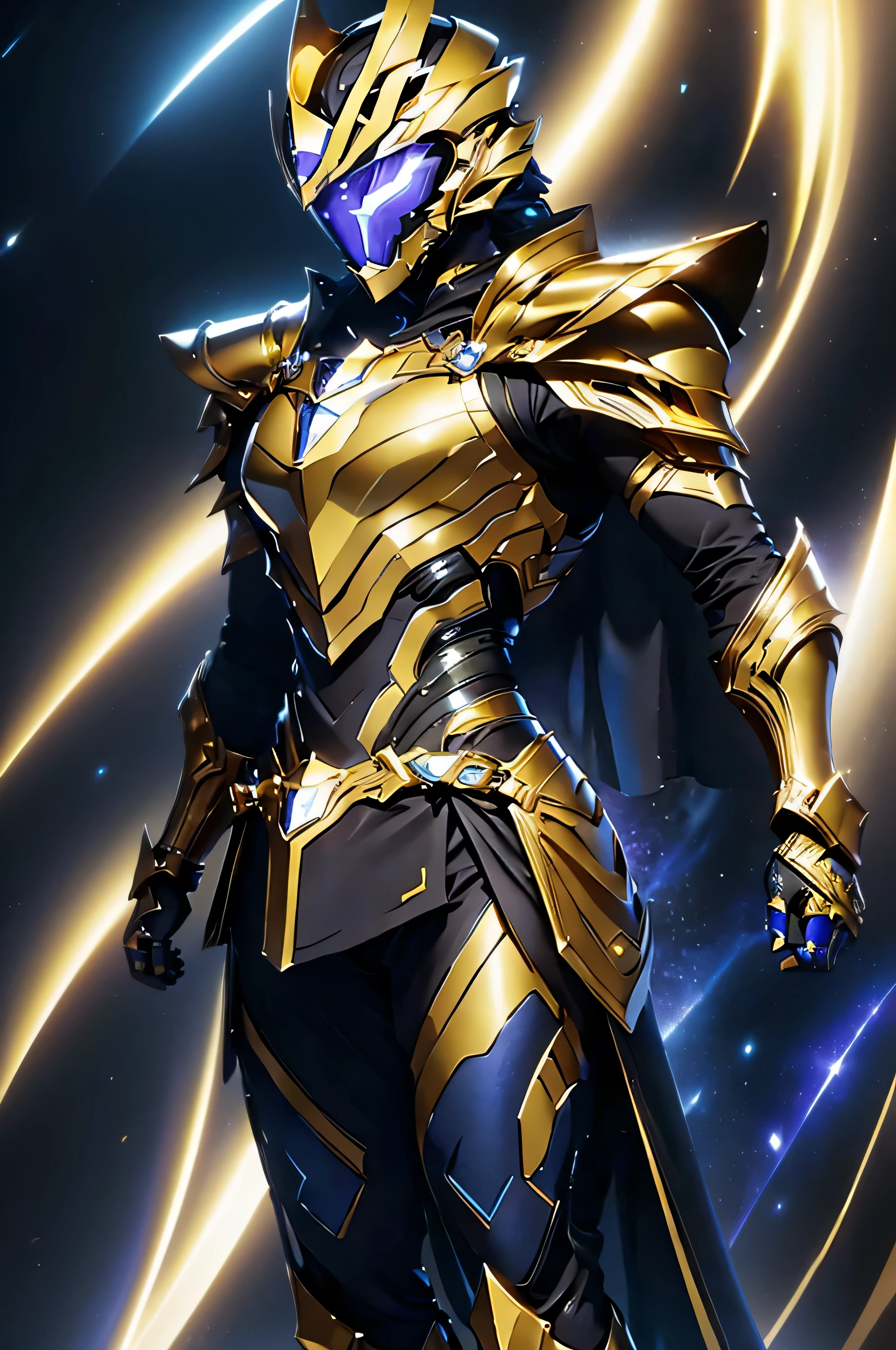 It's a man. The image presents a highly detailed and futuristic armor designed for a male warrior. The armor combines elements from different parts to create a cohesive and powerful look.Helmet: The helmet features a sleek, aerodynamic design with a golden metallic finish. It has a central crest that rises upwards, and the visor glows with a bright blue light, giving it a high-tech, futuristic appearance.Pauldrons (Shoulder Pads): The shoulder pads are close to the chest, with angular lines extending smoothly toward the shoulders. They have a polished golden finish and curve upward, creating a harmonious transition between the chest and shoulders, while providing a majestic and protective look.Chest Plate: The chest plate is intricately segmented, with a combination of gold and dark metallic blue. It has a gem-like crystal in the center that emits a soft, mystical glow. The design is both protective and regal, with sharp, angular lines that add to the overall futuristic aesthetic.Arm Guards: The arm guards are sleek and streamlined, with articulated golden and purple segments that offer flexibility and protection. Their design blends futuristic elements with classic elegance.Leg Armor: The legs are armored with segmented plates, primarily gold and purple. The boots are angular and sturdy, designed for strength and agility. The overall look of the leg armor is grounded yet sleek, completing the ensemble with a powerful stance.High Collar: The armor features a high collar that rises from the back and sides of the neck, tightly encircling the throat. This collar is seamlessly connected to the shoulder pads, enhancing both the protective and aesthetic qualities of the armor.Background: The image is set against a dark cosmic backdrop, filled with distant stars and nebulae, reflecting off the polished surfaces of the armor. Dynamic lighting emphasizes key features like the glowing visor and central chest gem, reinforcing the warrior's imposing, mystical presence.