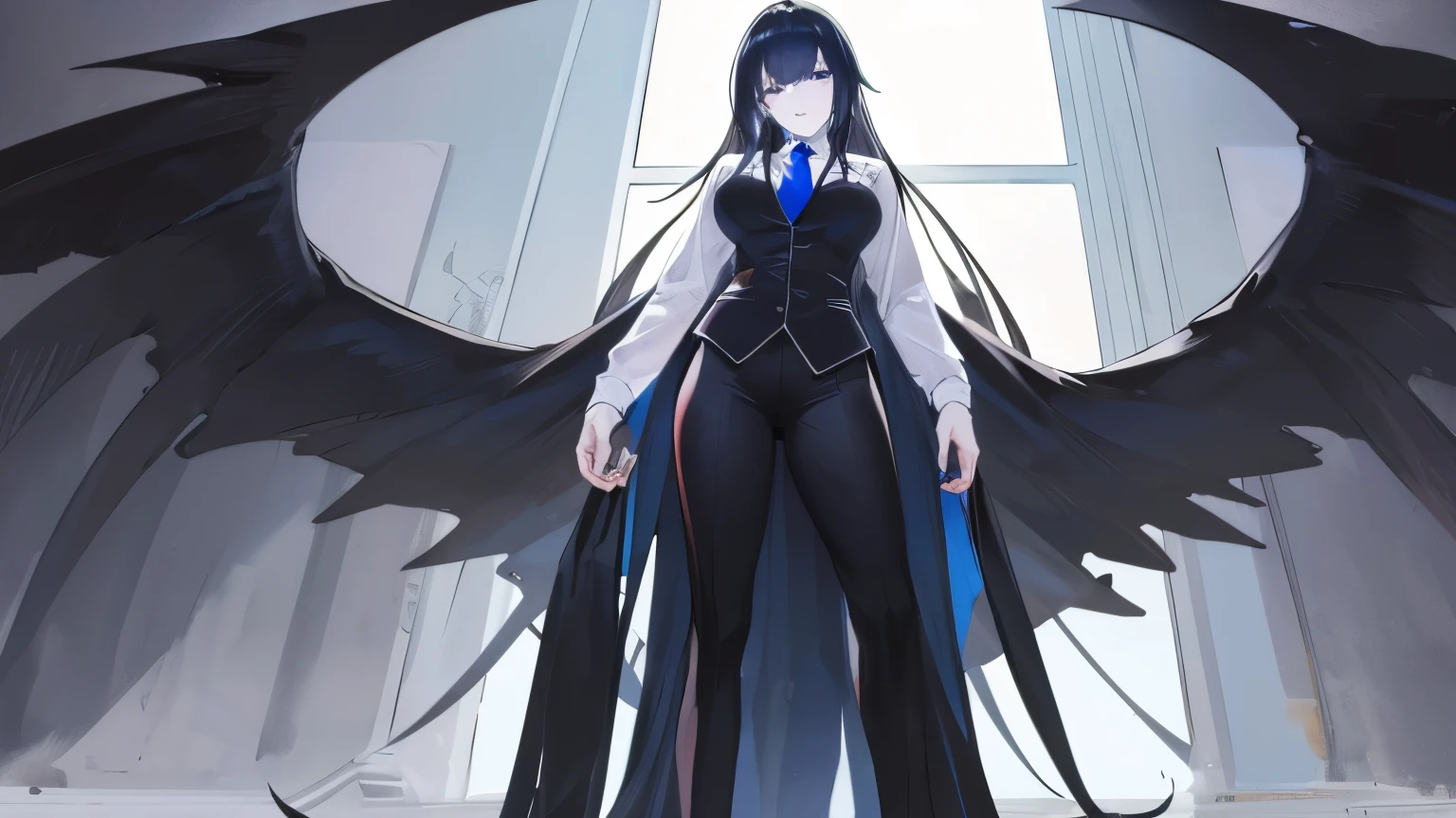 ((best quality)), ((masterpiece)), (detailed), 1girl, full body, standing, fallen angel, black wings on upper back. long black hair with blue tips, pale skin, large breasts, thick thighs, wide hips, blue eyes, black suit, blue tie, long waistcoat, suit pants. 