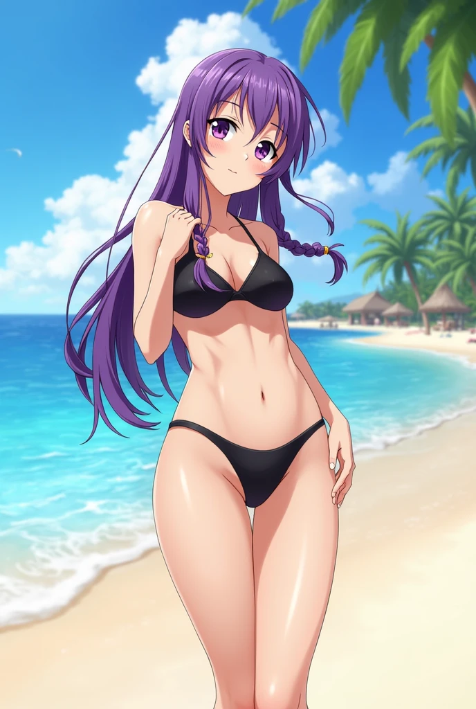 Draw Misha Fox, an anime-style character with long purple hair, black eyebrows and eyes, breasts small, Waist slender, big and perky ass, thick-thighs. Wearing only a very tight red bikini. View from behind with ass stuck out while drinking a beer on the wooden railing of the dyke on the beach, legs half open with bottom-up view exposing the ass to the viewer.
